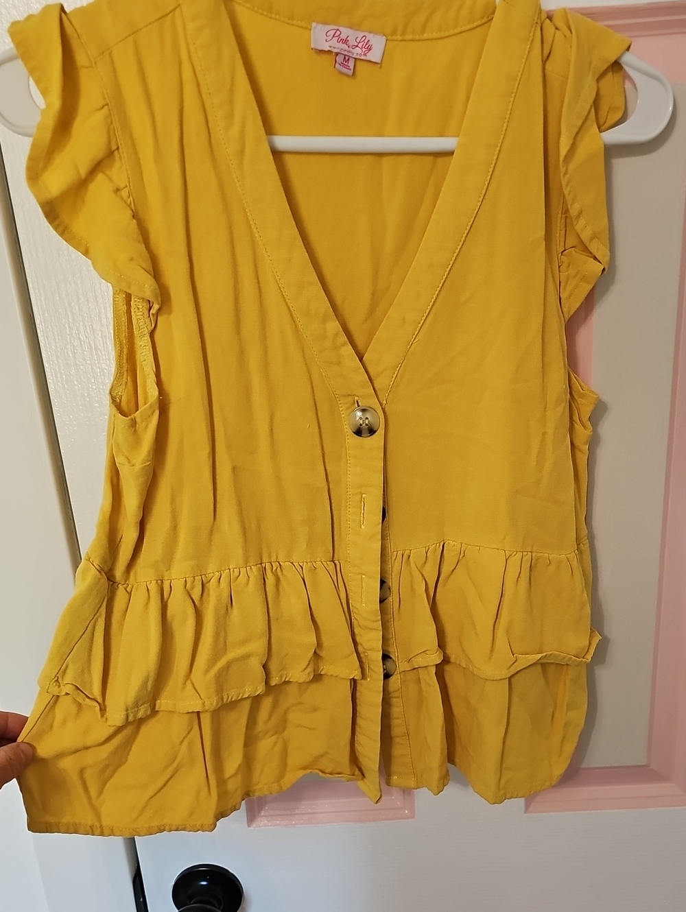 Pink Lily Yellow Ruffle Button-Front Blouse Size Medium